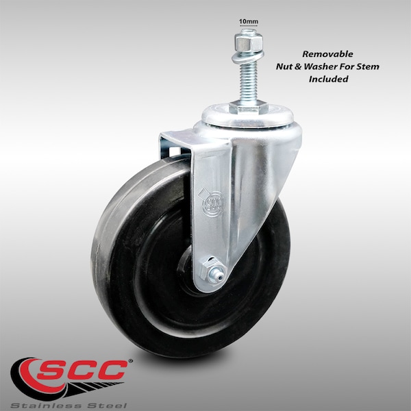 5 Inch SS Hard Rubber Wheel Swivel 10mm Threaded Stem Caster
